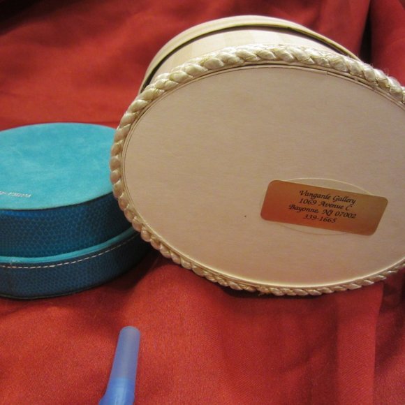 DECORATIVE BOXES, ONE BLUE FAUX LEATHER, ONE CREAM CLOTH & RIBBONS - Picture 3 of 7